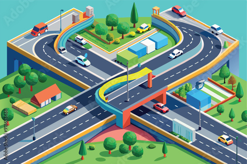 Isometric illustration depicting a busy highway filled with various cars and trucks traveling in both directions.