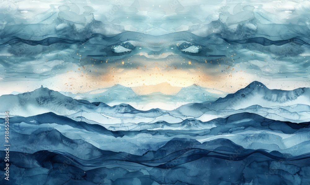 Abstract ocean waves at twilight in watercolor on white. Abstract ocean waves at twilight in watercolor on white.