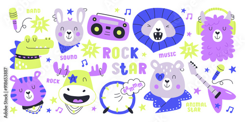 Cute animals rock star music band and musical instruments set colorful festive vector illustration