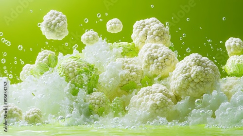  Dynamic explosion of vibrant green cauliflower florets, captured in mid-air, dispersing water droplets against a bright clean backdrop. photo