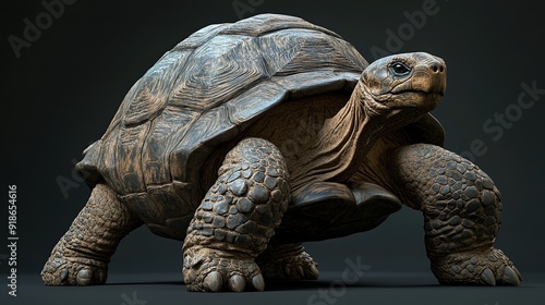 Giant tortoise with textured shell and sharp claws.