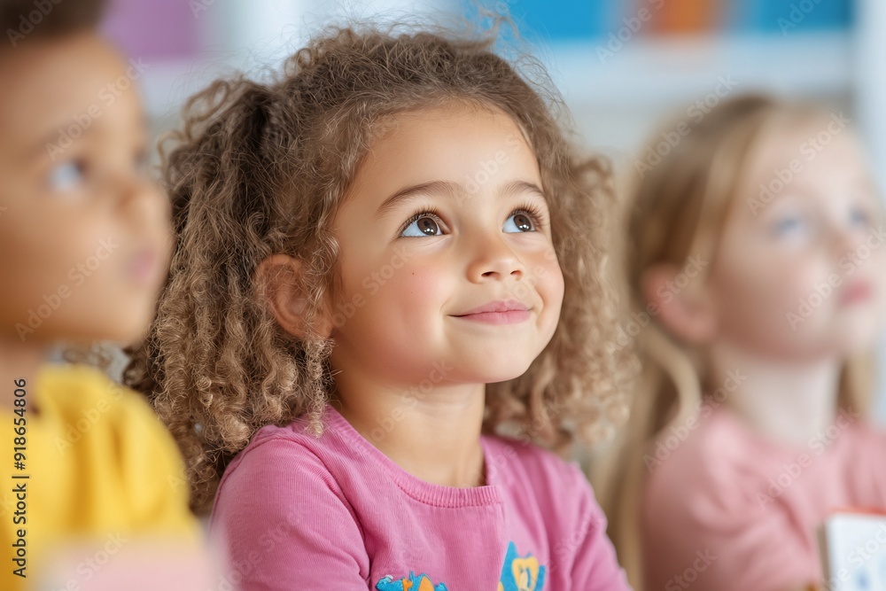 Curly-Haired Girl in Classroom with Friends Smiling and Engaged in Learning Curly-Haired Girl in Classroom with Friends Smiling and Engaged in Learning