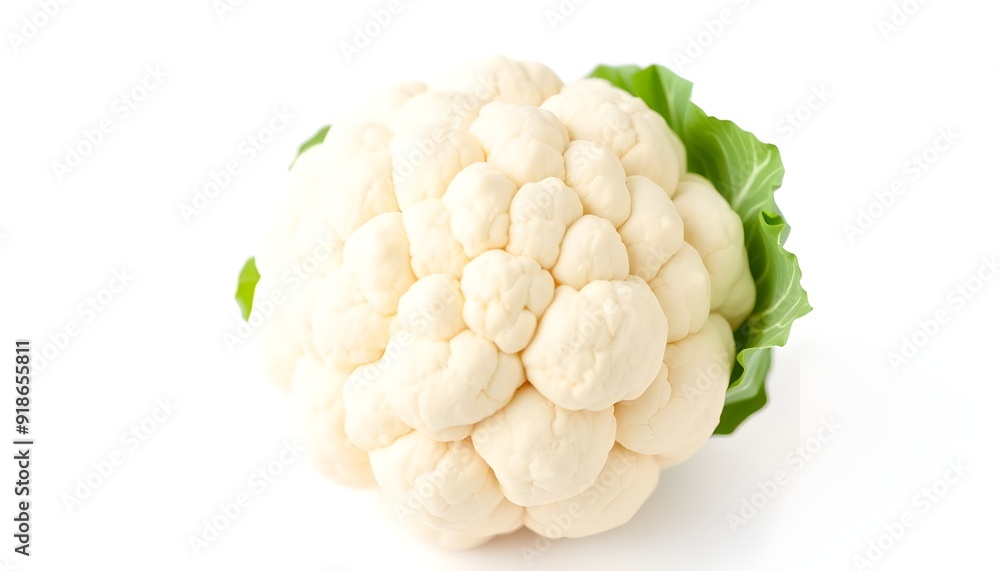 Whole Cauliflower Head with Fresh Green Leaves on White Background Whole Cauliflower Head with Fresh Green Leaves on White Background