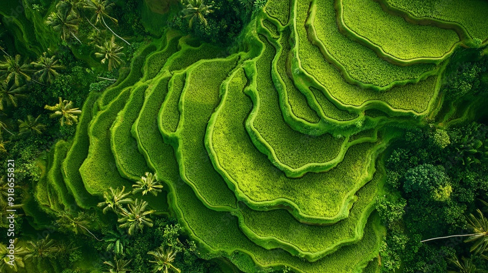 Lush green rice paddies, shaped like waves, are bordered by palm trees in this aerial view. Lush green rice paddies, shaped like waves, are bordered by palm trees in this aerial view.