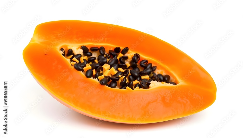 Slice of Papaya with Orange Flesh and Black Seeds on White Background Slice of Papaya with Orange Flesh and Black Seeds on White Background