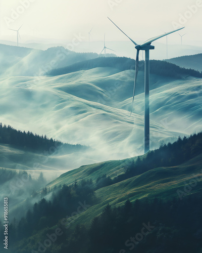 Wind turbines tower over green hills as a mist envelops the landscape, capturing the tranquility of a peaceful morning