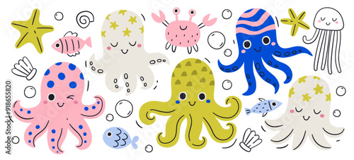 Cute hand drawn octopus colorful kawaii characters smiling underwater creature emoji drawing set