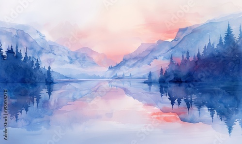 Watercolor abstract twilight reflections on white.