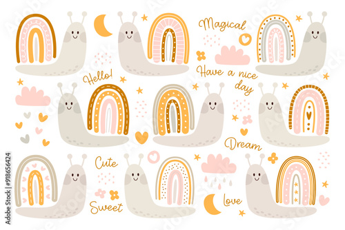 Funny childish snails with colorful rainbows on back and cute handwritten lettering design set
