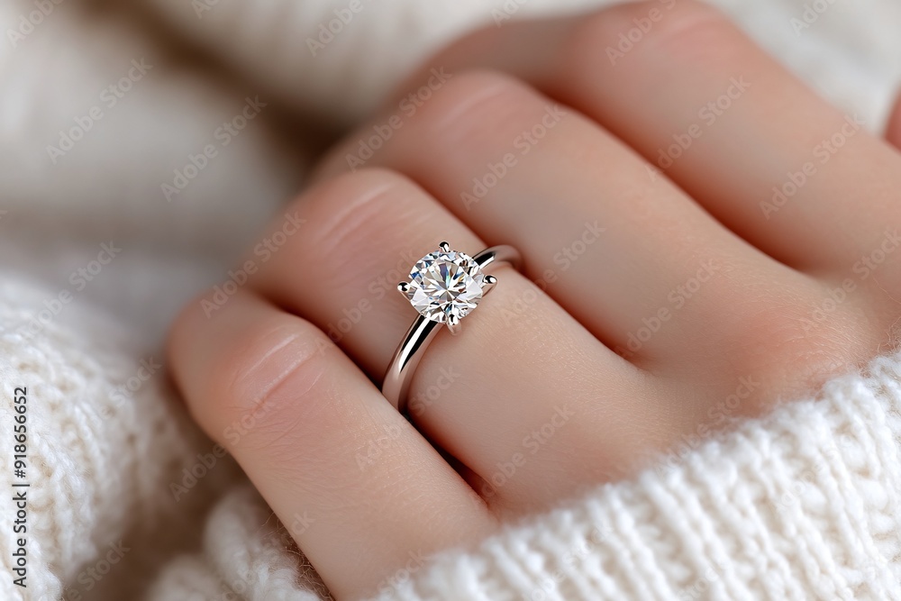 Womans Hand Wearing a Diamond Engagement Ring Against Soft Sweater Fabric Womans Hand Wearing a Diamond Engagement Ring Against Soft Sweater Fabric