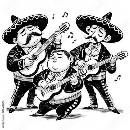 A group of Mexican mariachis singing happily. Black and white image. photo