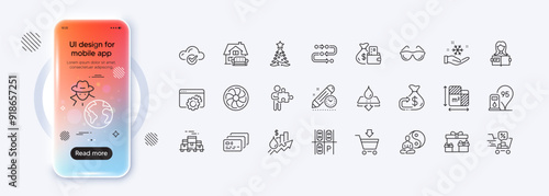 Furniture moving, Floor plan and Discounts cart line icons for web app. Phone mockup gradient screen. Pack of Online market, Woman read, Water resistant pictogram icons. Vector