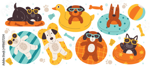 Funny dogs pet wearing sunglasses swimming in inflatable rings enjoying vacation leisure set