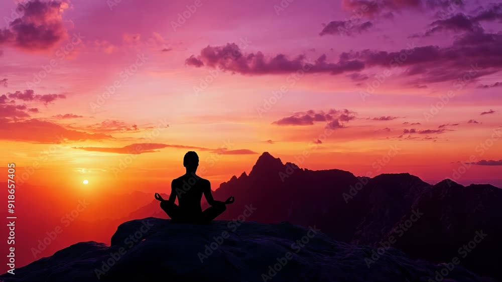 Silhouette meditates on mountain peak against vibrant sunset. Gradient sky transitions from fiery orange to deep purple, creating serene atmosphere. Peaceful solitude amidst nature's grandeur. Silhouette meditates on mountain peak against vibrant sunset. Gradient sky transitions from fiery orange to deep purple, creating serene atmosphere. Peaceful solitude amidst nature's grandeur.