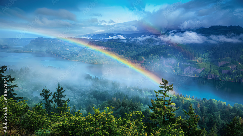 A breathtaking view of a rainbow over a misty lake and forest. Generative Ai A breathtaking view of a rainbow over a misty lake and forest. Generative Ai