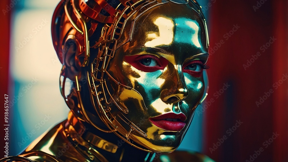 Close-Up Portrait of a Golden Female Robot in a Futuristic Setting Close-Up Portrait of a Golden Female Robot in a Futuristic Setting