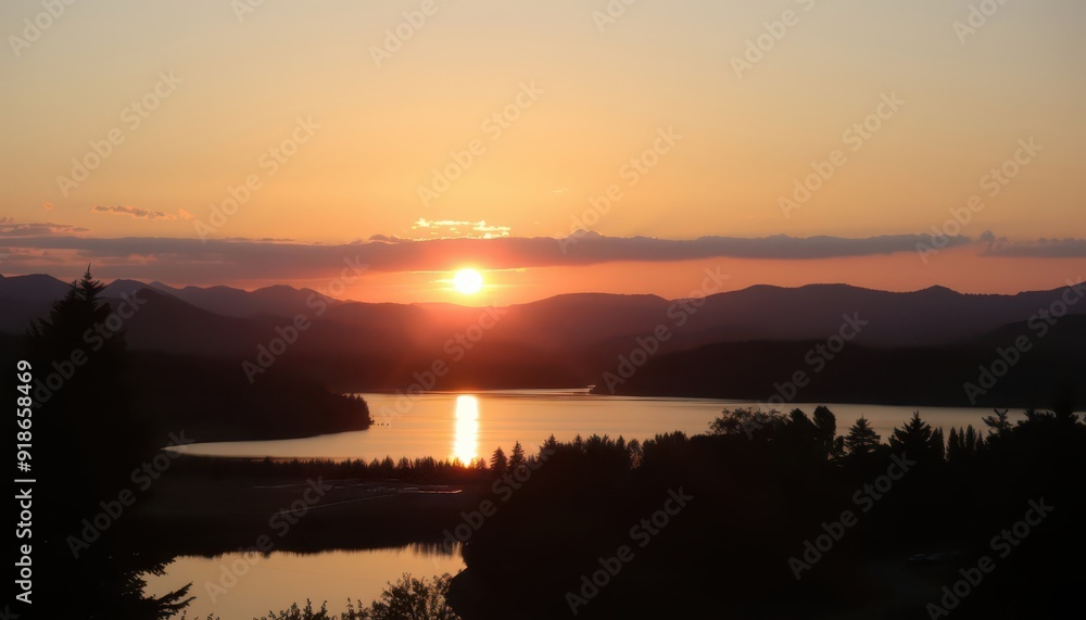 Obraz premium Sunset over mountains and lake.