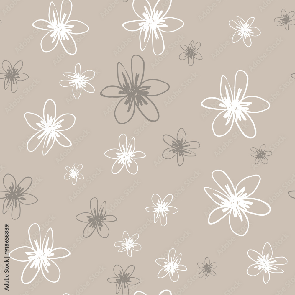 Seamless floral pattern with stylized daisy flowers. Hand drawn linear doodle sketches. Monochrome white and gray silhouettes on beige background. Seamless floral pattern with stylized daisy flowers. Hand drawn linear doodle sketches. Monochrome white and gray silhouettes on beige background.