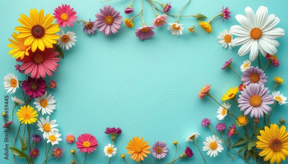 Obraz premium Colorful Flower Frame on Turquoise Background.