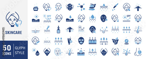 Skin care icons set. Moisture cream, acid, anti wrinkle serum, ceramide, collagen, retinol compound, sunscreen vector illustration.