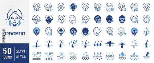 Skin care icons set. Moisture cream, acid, anti wrinkle serum, ceramide, collagen, retinol compound, sunscreen vector illustration.