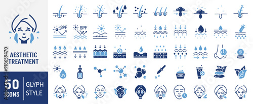 Skin care icons set. Moisture cream, acid, anti wrinkle serum, ceramide, collagen, retinol compound, sunscreen vector illustration.