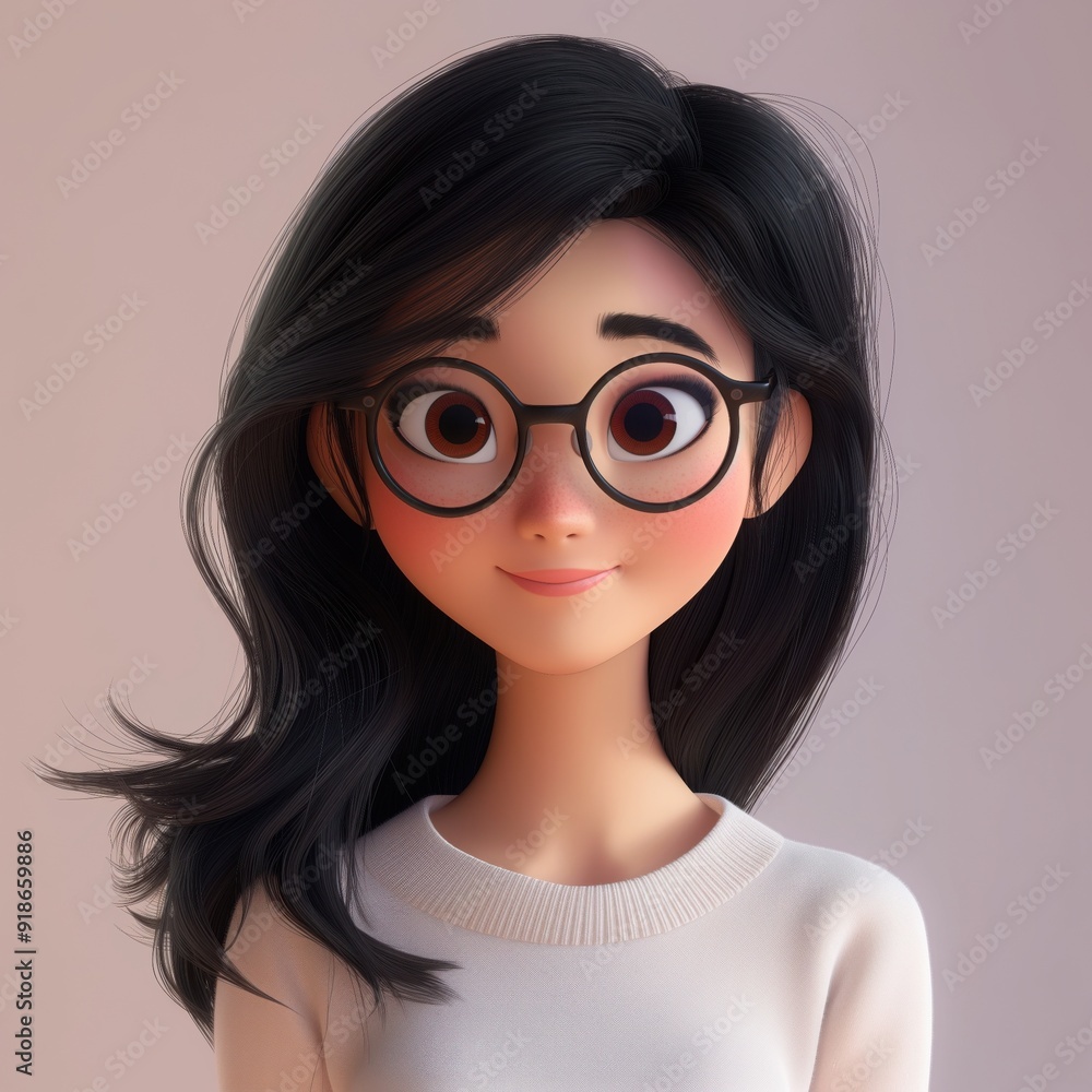3D cartoon girl with glasses and long black hair smiling sweetly, wearing a white sweater against a soft pink background. The character has large, expressive eyes and an innocent, friendly expression. 3D cartoon girl with glasses and long black hair smiling sweetly, wearing a white sweater against a soft pink background. The character has large, expressive eyes and an innocent, friendly expression.