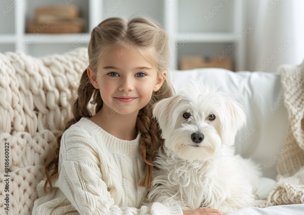 Young Girl with Braided Hair Relaxing on Sofa with Fluffy White Dog at Home Young Girl with Braided Hair Relaxing on Sofa with Fluffy White Dog at Home