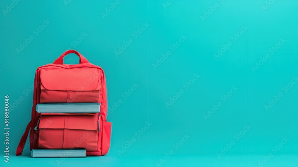 Fototapeta premium Full school backpack with books isolated on blue background with copy space.