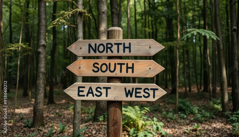 Wooden signpost in the forest showing the directions north, south, east and west. Wooden signpost in the forest showing the directions north, south, east and west.