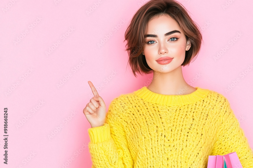 Young Woman in Yellow Sweater Holding Shopping Bags Against Pink Background Young Woman in Yellow Sweater Holding Shopping Bags Against Pink Background