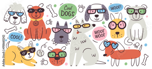 Hand drawn happy cool dogs funny pet animals characters wearing summer sunglasses design set