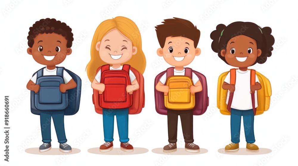 Happy kids going back to school with backpack Happy kids going back to school with backpack