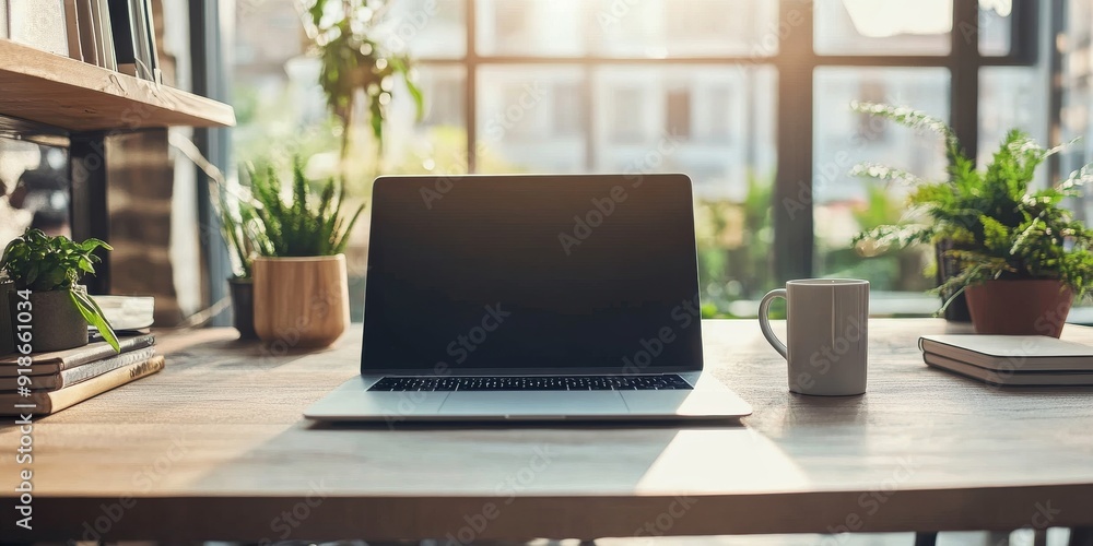 Modern Office Desk with Laptop and Coffee Mug Modern Office Desk with Laptop and Coffee Mug