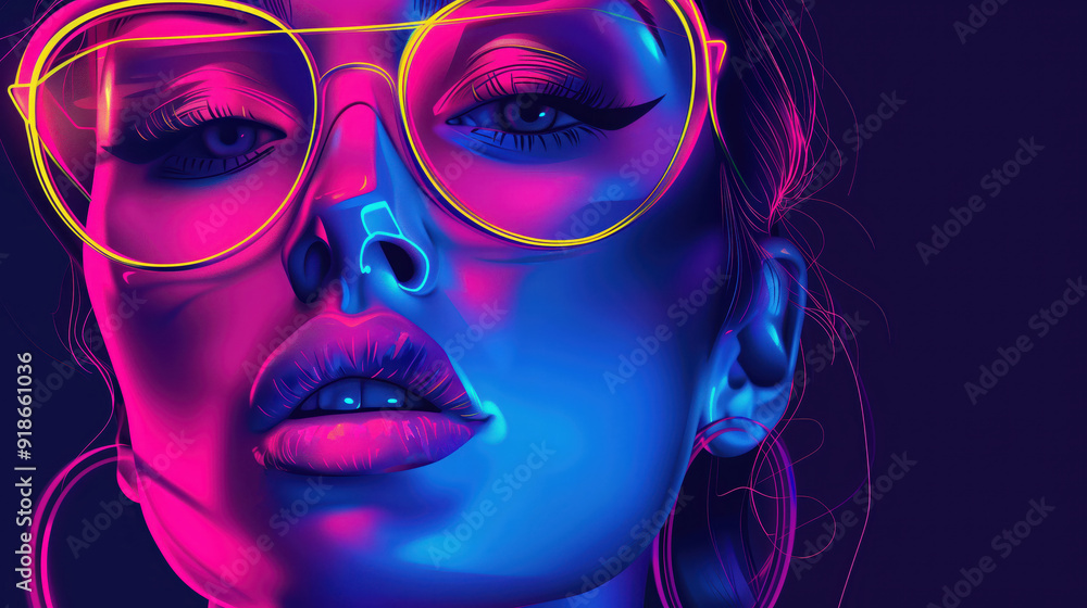 Neon Portrait of a Woman Wearing Glasses with Vibrant Colors Neon Portrait of a Woman Wearing Glasses with Vibrant Colors
