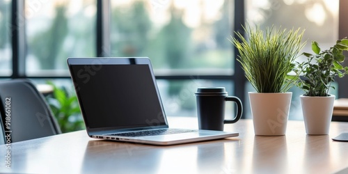 Wallpaper Mural Modern Office Desk with Laptop and Coffee Mug Torontodigital.ca