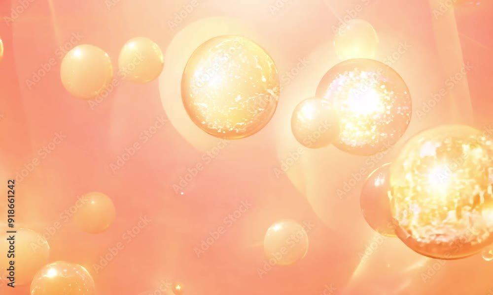 3D animation of glowing, shimmering cosmetic serum cells. The cells are vibrant, translucent orbs, pulsating with radiant light 3D animation of glowing, shimmering cosmetic serum cells. The cells are vibrant, translucent orbs, pulsating with radiant light