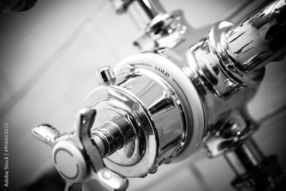 Close-Up of a Modern Bathroom Faucet Featuring Cold Water Control in Sleek Chrome Finish Close-Up of a Modern Bathroom Faucet Featuring Cold Water Control in Sleek Chrome Finish