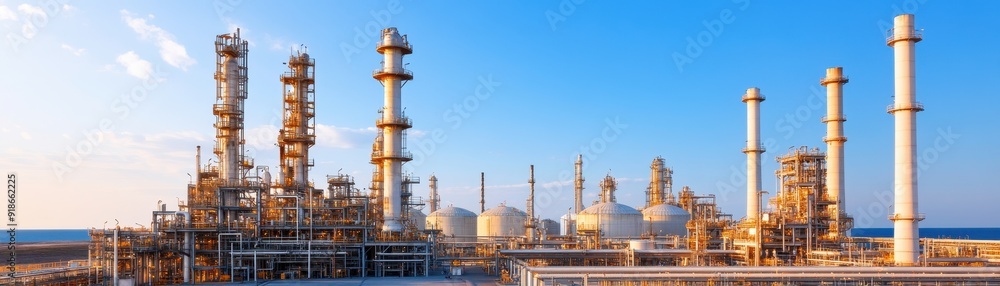 Industrial oil refinery against a clear blue sky, showcasing complex structures and machinery for fuel production. Industrial oil refinery against a clear blue sky, showcasing complex structures and machinery for fuel production.