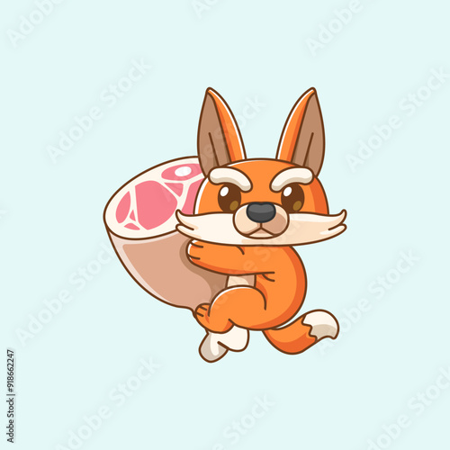 Cute fox hug meat  hanging kawaii chibi character mascot illustration outline style