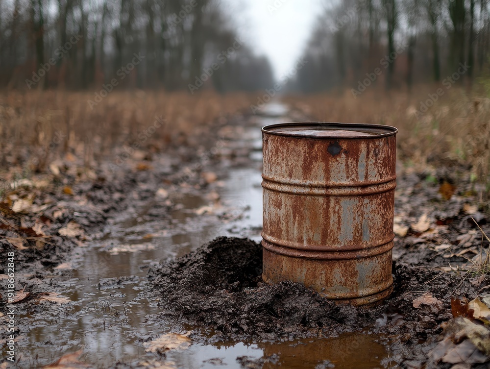 A rusty barrel stands in a muddy path surrounded by wet grass and autumn leaves under a gloomy sky. A rusty barrel stands in a muddy path surrounded by wet grass and autumn leaves under a gloomy sky.
