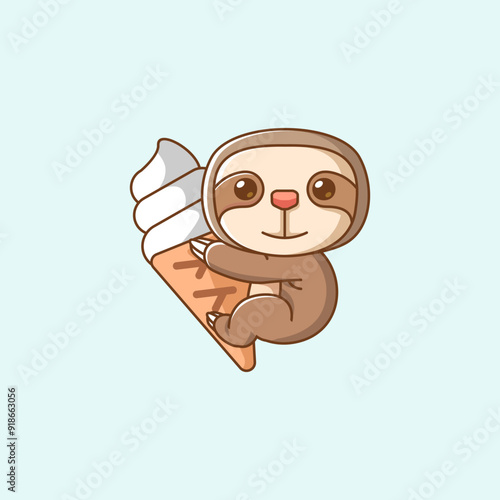 Cute sloth hug ice cream hanging kawaii chibi character mascot illustration outline style