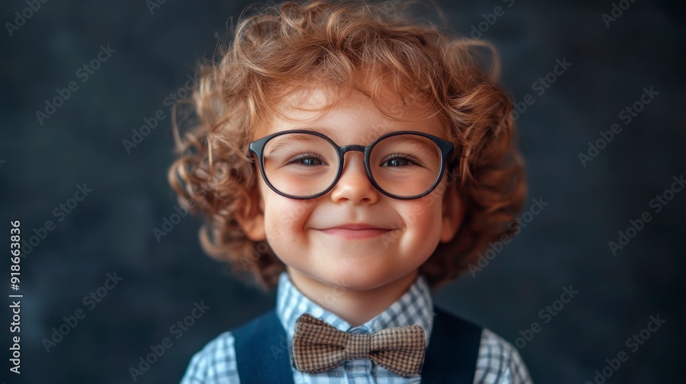 Smiling curly-haired child in glasses and bow tie reflects intelligence and charm with sophisticated style. Smiling curly-haired child in glasses and bow tie reflects intelligence and charm with sophisticated style.