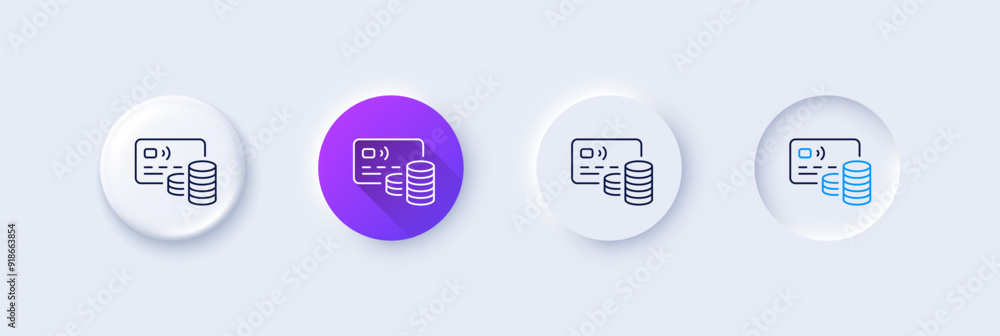 Credit card line icon. Neumorphic, Purple gradient, 3d pin buttons. Bank money payment sign. Non-cash coin pay symbol. Line icons. Neumorphic buttons with outline signs. Vector Credit card line icon. Neumorphic, Purple gradient, 3d pin buttons. Bank money payment sign. Non-cash coin pay symbol. Line icons. Neumorphic buttons with outline signs. Vector