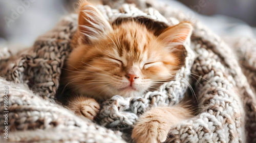 Wallpaper Mural Close up view of a cute and chubby little kitten nestled snugly in a tightly knitted textured blanket enjoying a peaceful and soothing nap Torontodigital.ca