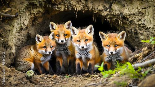 Curious fox cubs Vulpes vulpes sitting together and peeking out from the entrance of their den in the forest Group of young furry animal babies looking around their natural habitat