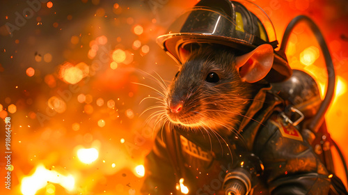 Brave Rodent Firefighter Battling Blazing Inferno in Dramatic Scene   A small rodent wearing a firefighter s uniform courageously confronting a raging fire with determination and resilience photo