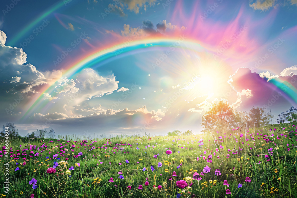Naklejka premium A vibrant rainbow arches over a field of wildflowers, with the sun shining brightly in the sky. Generative Ai