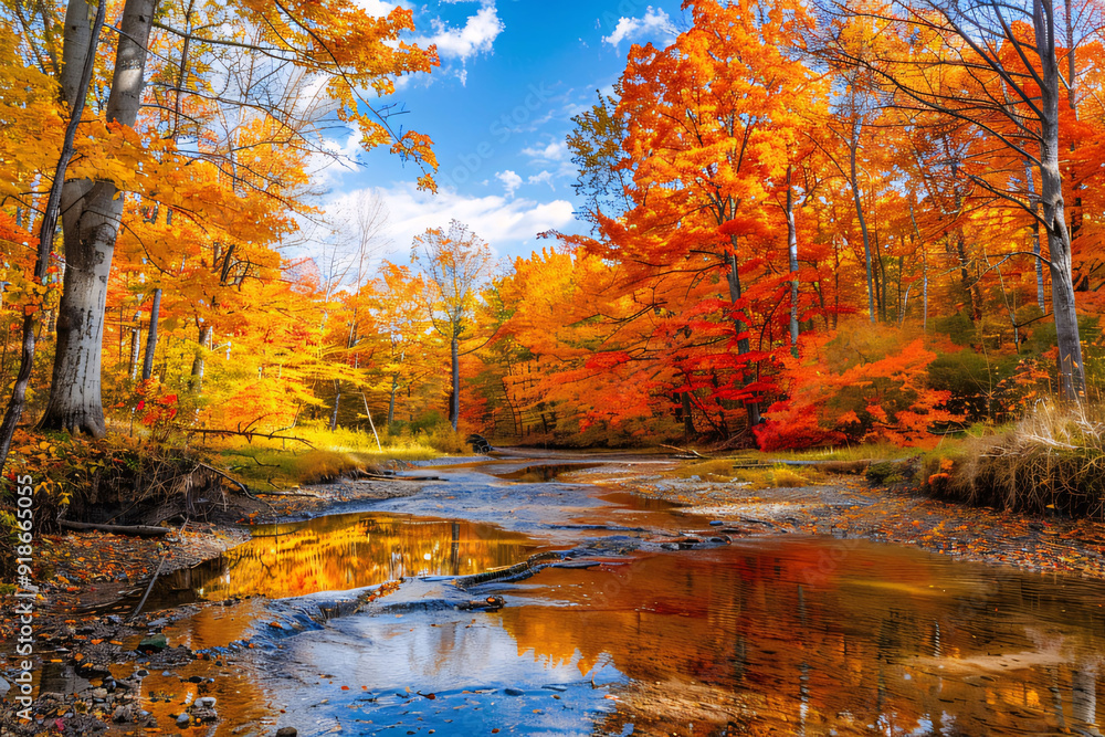 A tranquil stream flows through a vibrant autumn forest, with fallen leaves scattered around and a reflection of the colorful foliage in the water. Generative Ai A tranquil stream flows through a vibrant autumn forest, with fallen leaves scattered around and a reflection of the colorful foliage in the water. Generative Ai