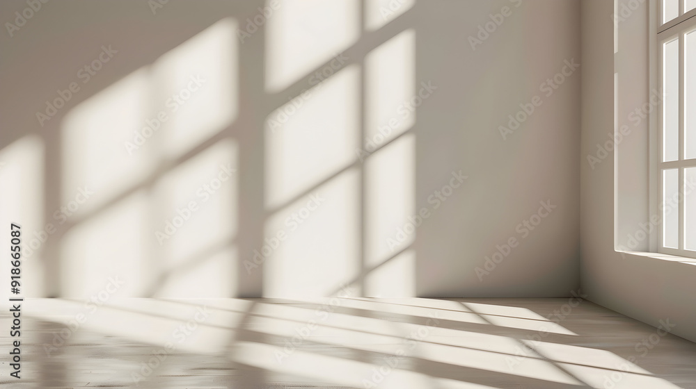 Bright white interior with tall window shadows creating a geometric pattern on the clean floor